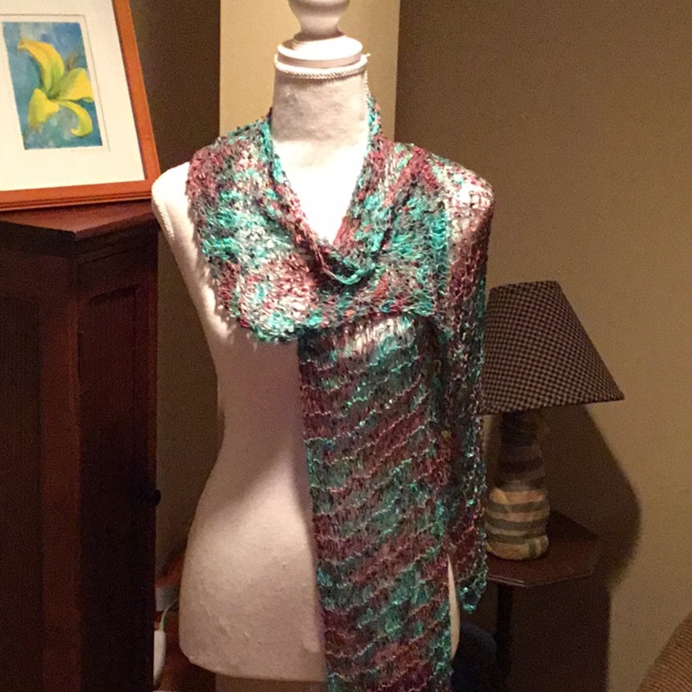 Aqua & pink open weave scarf